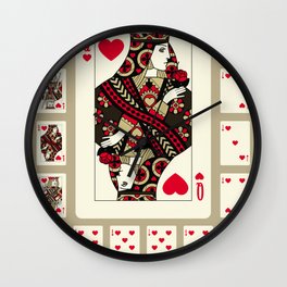 Playing cards of Hearts suit in vintage style. Original design. Vintage illustration Wall Clock