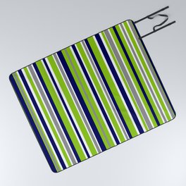 Lime Green Bright Navy Blue Gray and White Vertical Stripes Pattern Picnic Blanket
