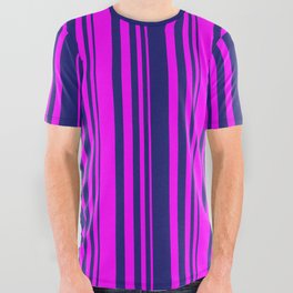 [ Thumbnail: Midnight Blue & Fuchsia Colored Lines Pattern All Over Graphic Tee ]