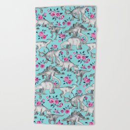Dinosaurs and Roses - turquoise blue Beach Towel