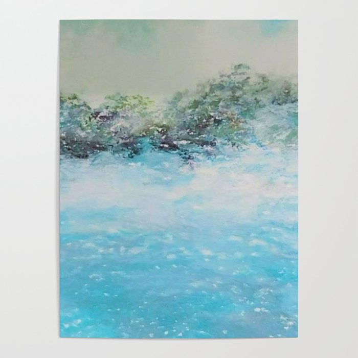 Blue Surf, Dark Sky, Bright Water Oil Pastel Drawing Poster