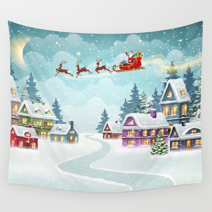 Santa and Reindeer on Christmas Background. Winter Christmas scene with snow covered houses and pine forest. Holiday vintage Background Wall Tapestry