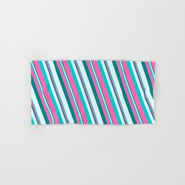 [ Thumbnail: Teal, Light Cyan, Dark Turquoise, and Hot Pink Colored Pattern of Stripes Hand & Bath Towel ]