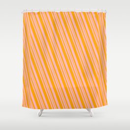 [ Thumbnail: Light Pink and Orange Colored Lined Pattern Shower Curtain ]