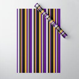 [ Thumbnail: Goldenrod, Black, Light Grey & Indigo Colored Lined/Striped Pattern Wrapping Paper ]