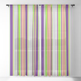 [ Thumbnail: Light Grey, Chartreuse, Dark Salmon, and Indigo Colored Striped/Lined Pattern Sheer Curtain ]