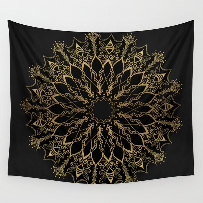 Golden Bee Mandala Wall Tapestry | Drawing, Digital, Mandala, Bees, Gold, Black, Burtonesque, Goth, Dark, Dark-decors