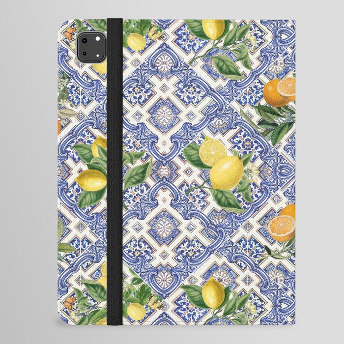 Mediterranean blue ceramic tiles & citrus fruit, lemons and oranges iPad Folio Case