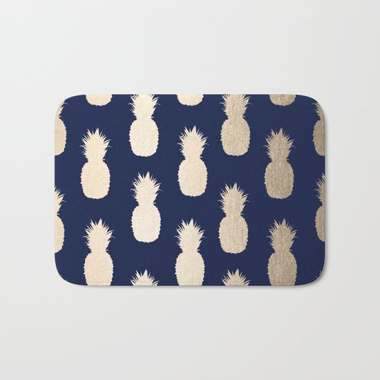 Gold Pineapple Pattern Navy Blue Bath Mat