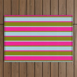 [ Thumbnail: Green, Light Blue, and Deep Pink Colored Lines/Stripes Pattern Outdoor Rug ]