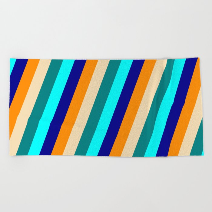 Eyecatching Dark Orange, Tan, Teal, Aqua & Dark Blue Colored Stripes Pattern Beach Towel