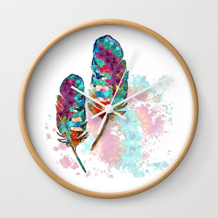 Two Souls - Colorful Feather Art by Sharon Cummings Wall Clock