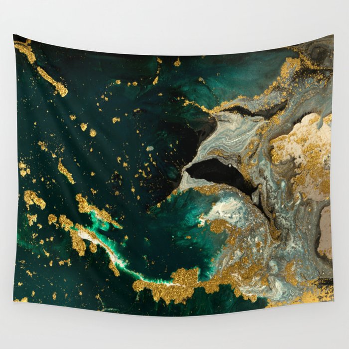 Abstract Pour Painting Liquid Marble Abstract Dark Green Painting Gold Accent Agate Stone Layers Wall Tapestry