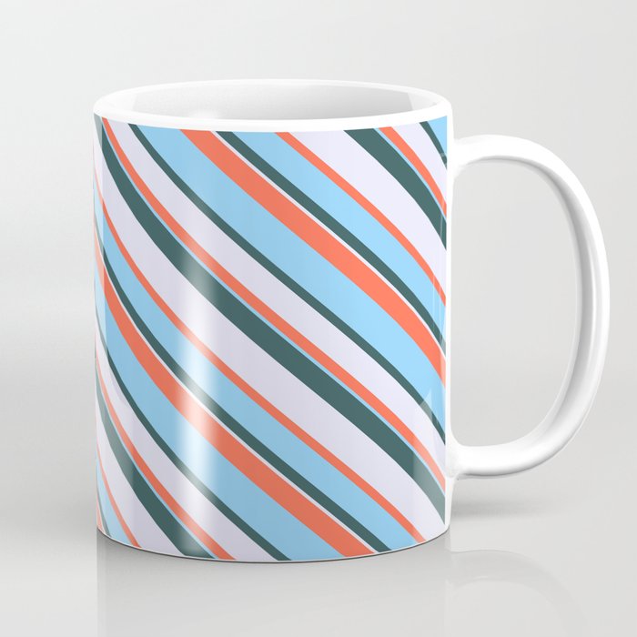 Red, Light Sky Blue, Dark Slate Gray, and Lavender Colored Pattern of Stripes Coffee Mug