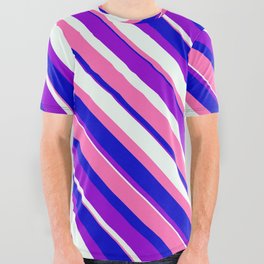 [ Thumbnail: Dark Violet, Mint Cream, Hot Pink, and Blue Colored Stripes/Lines Pattern All Over Graphic Tee ]