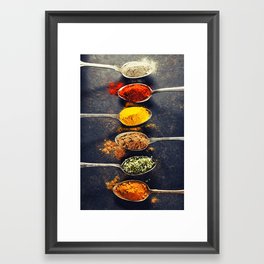 Colorful spices in metal spoons Framed Art Print