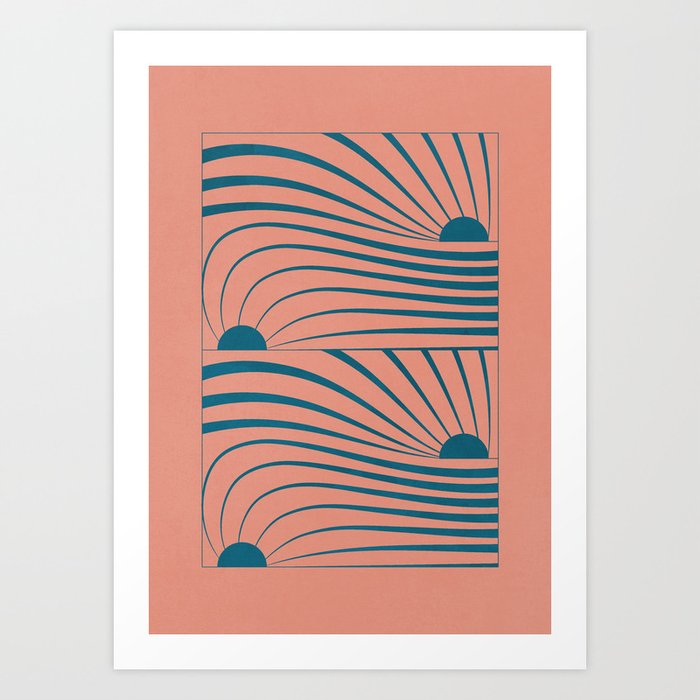 Abstract Sunset Wavy Lines Pink Blue Art Print