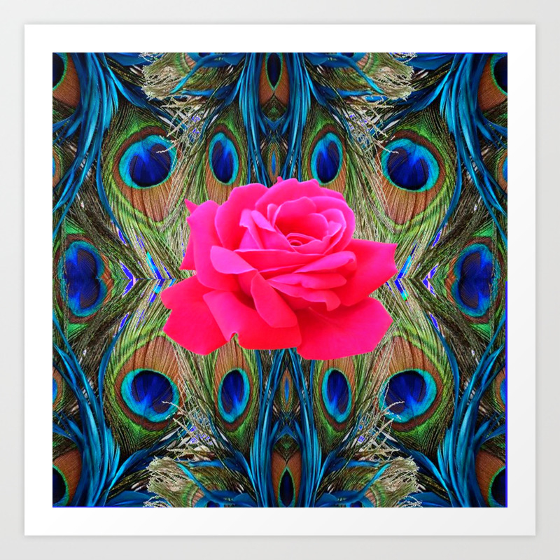 Fuchsia Pink Rose Blue Peacock Feathers Art Abstract Art Print