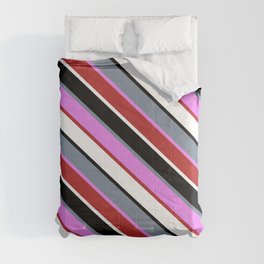 [ Thumbnail: Vibrant Light Slate Gray, Violet, Red, White & Black Colored Stripes/Lines Pattern Comforter ]