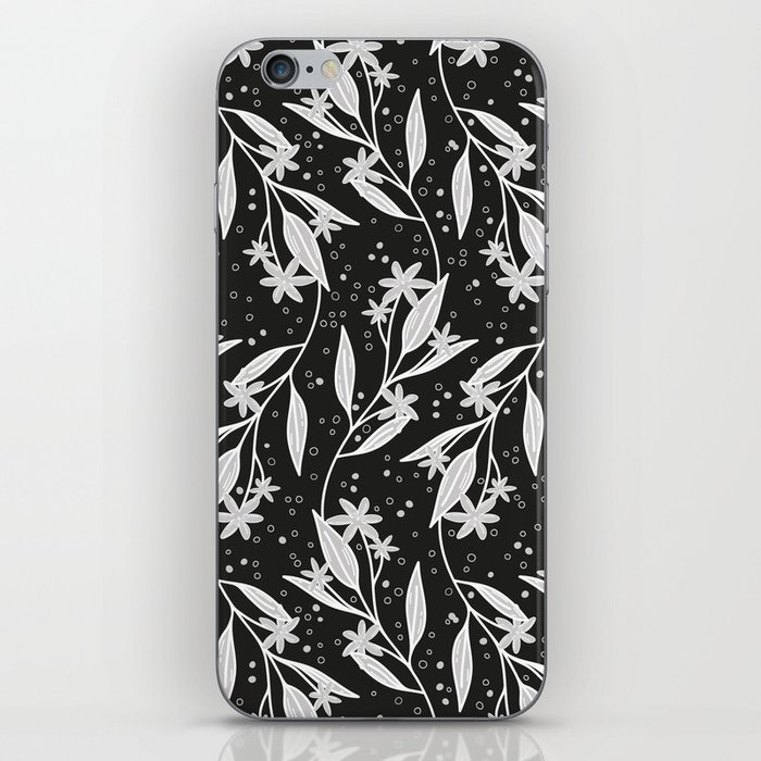 White and grey floral branches on black background iPhone Skin