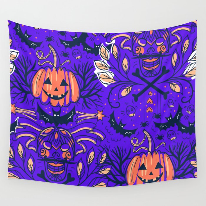 Halloween Pumpkin Scary Design Pattern Blue Wall Tapestry