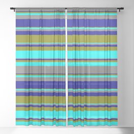 [ Thumbnail: Green, Cyan, Grey, and Dark Blue Colored Striped Pattern Sheer Curtain ]