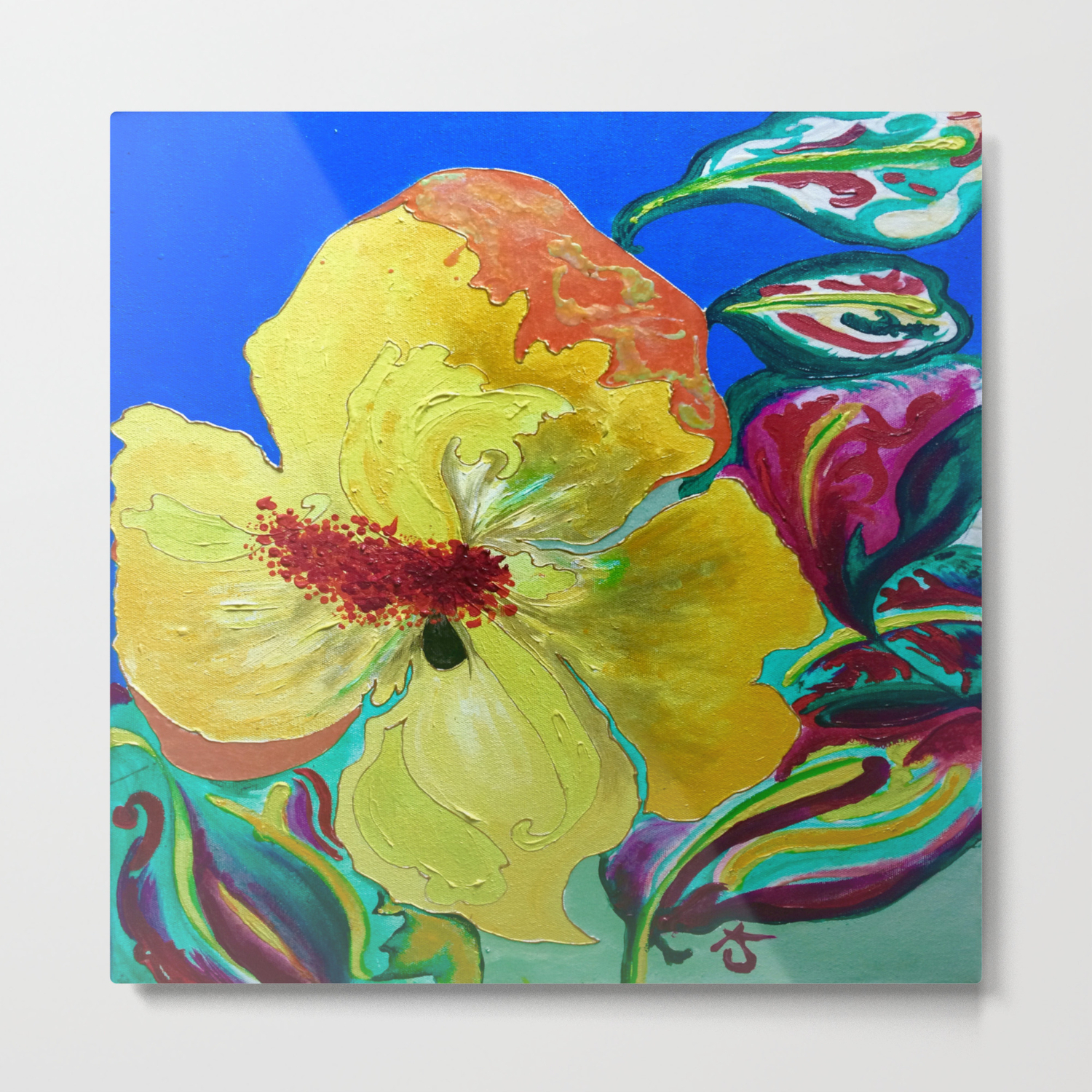 Birthday Acrylic Yellow Orange Hibiscus Flower Painting With Red