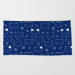Blue and White Doodle Kitten Faces Pattern Beach Towel
