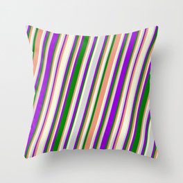 [ Thumbnail: Vibrant Dark Violet, Green, Dark Salmon, Beige, and Light Gray Colored Stripes/Lines Pattern Throw Pillow ]