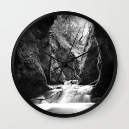 A river runs through it; river through rocky gorge time lapse black and white nature art photograph - photogrpahy - photographs Wall Clock
