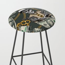 Colorful vintage money seamless pattern with gold chains knuckles dollar banknotes skeleton gangster wearing dollar sign pendant and holding guns vintage illustration Bar Stool