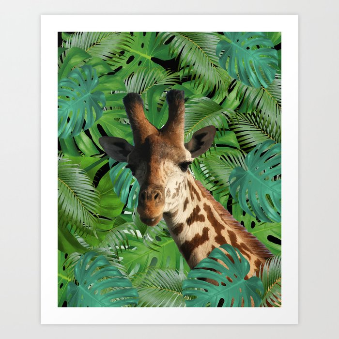 Giraffe Jungle Monstera palm Leaves #jungle #leaves Art Print