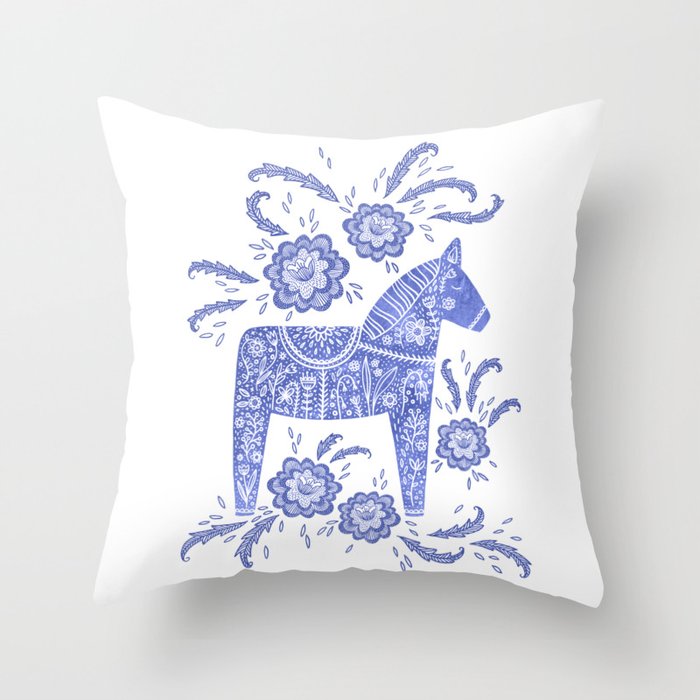 Swedish Dala Horse Blue Throw Pillow