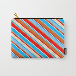 [ Thumbnail: Vibrant Deep Sky Blue, Light Sky Blue, Chocolate, Red & Bisque Colored Striped/Lined Pattern Carry-All Pouch ]