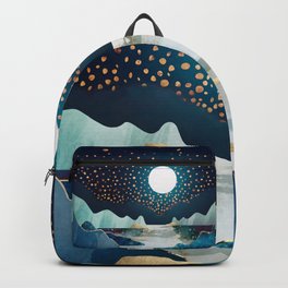 Moon Glow Backpack | Water, Stars, Watercolor, Landscape, Night, Moon, Blue, Ocean, Inidigo, Abstract 