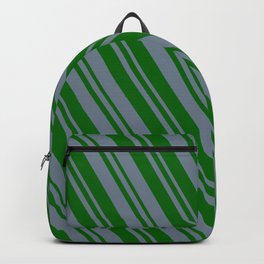 [ Thumbnail: Slate Gray and Dark Green Colored Striped/Lined Pattern Backpack ]