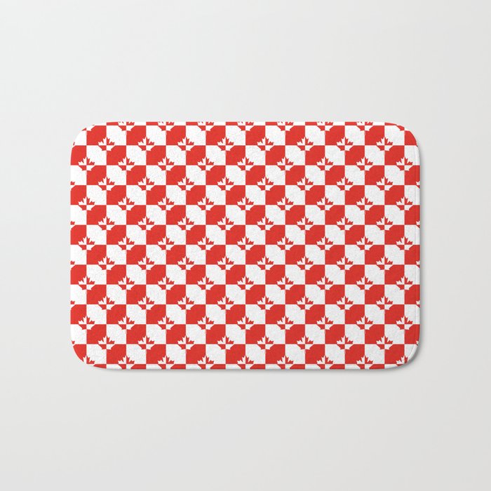 Small Red and White Canadian Maple Leaf Chess Board Bath Mat