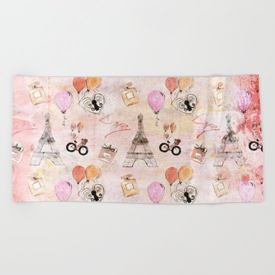 Paris Love Valentine Vintage Eiffeltower Perfume Pattern in pink Beach Towel