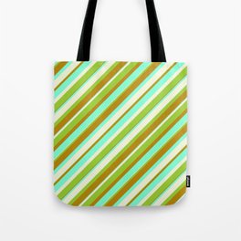 [ Thumbnail: Beige, Green, Dark Goldenrod, and Aquamarine Colored Striped/Lined Pattern Tote Bag ]