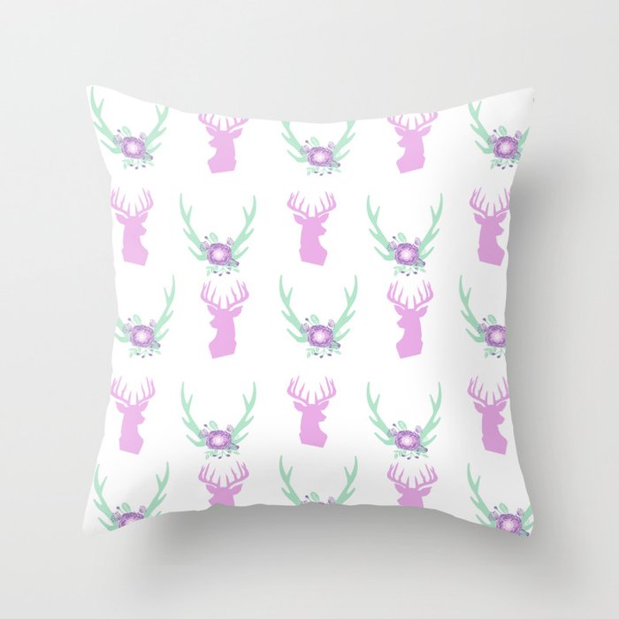 Deer silhouette florals cute nursery baby home decor girls gifts pastel mint and purple Throw Pillow