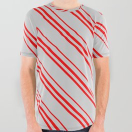 [ Thumbnail: Light Grey and Red Colored Lines Pattern All Over Graphic Tee ]