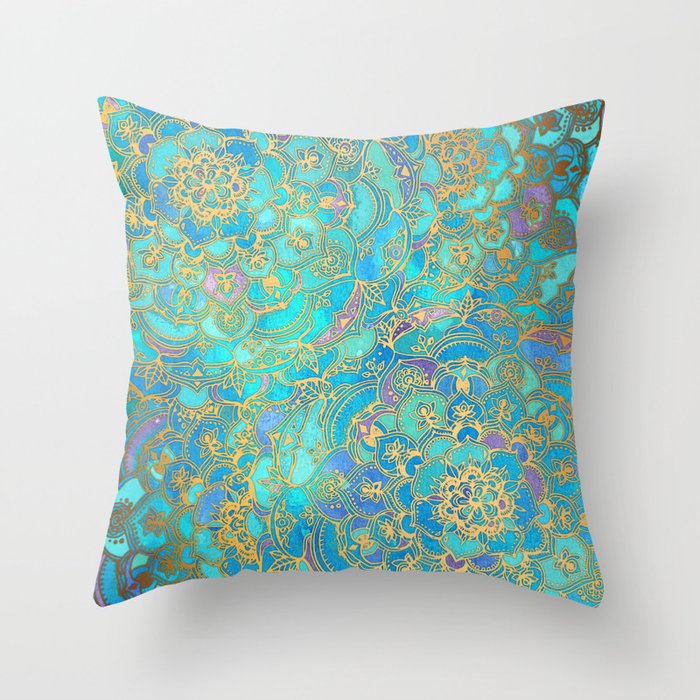 Sapphire & Jade Stained Glass Mandalas Throw Pillow