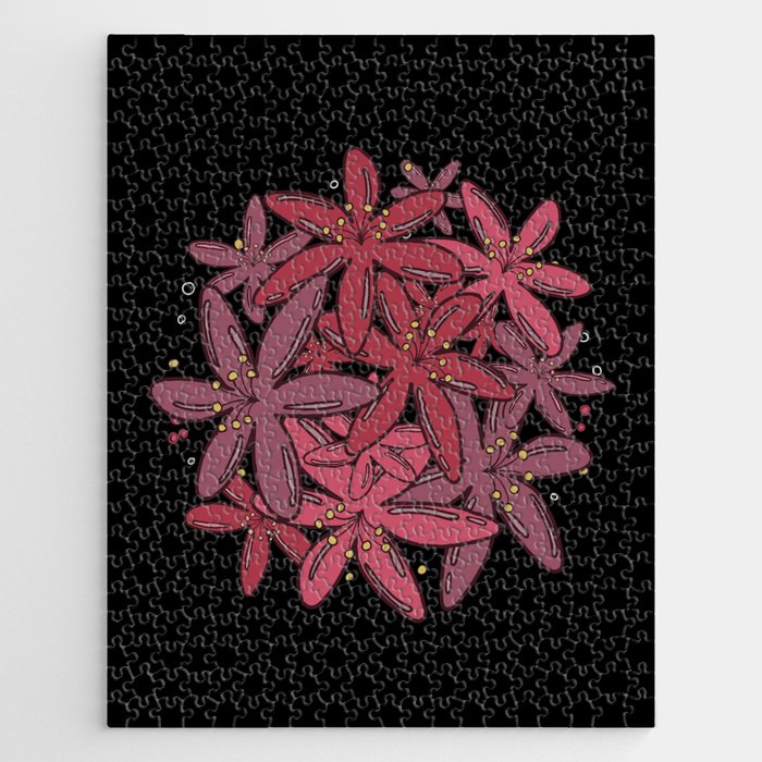Pink flowers and dots pattern on black background Jigsaw Puzzle
