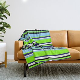[ Thumbnail: Colorful Light Sky Blue, Chartreuse, Midnight Blue, White & Black Colored Striped/Lined Pattern Throw Blanket ]