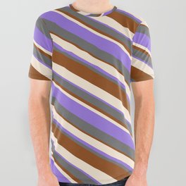 [ Thumbnail: Beige, Purple, Dim Grey, and Brown Colored Striped/Lined Pattern All Over Graphic Tee ]