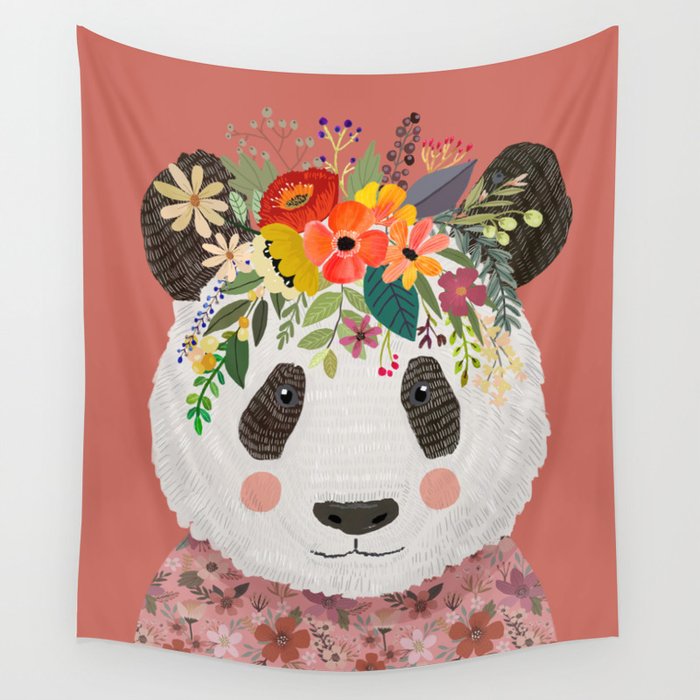 Cut Panda Bear with flower crown. Cute decor for kids Wall Tapestry