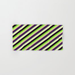 [ Thumbnail: Eyecatching Indigo, Green, Beige, Tan, and Black Colored Lined/Striped Pattern Hand & Bath Towel ]