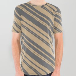 [ Thumbnail: Tan and Dim Grey Colored Lined/Striped Pattern All Over Graphic Tee ]