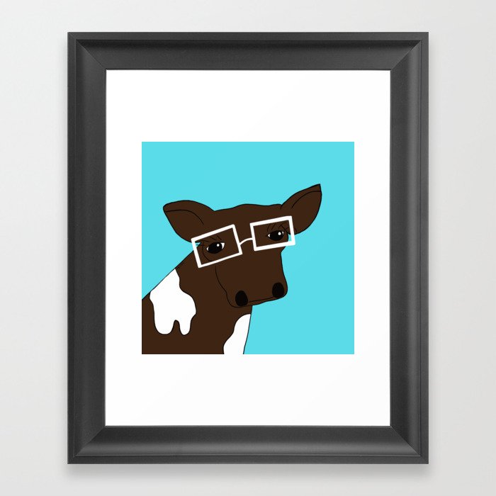 Matilda the Hipster Cow Framed Art Print | Drawing, Digital, Cow, Cow-art, Hipster-cow, Bovine, Bovine-art, Brown-and-white-cow, Fun-cow-art, Cow-with-glasses
