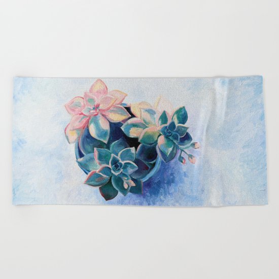 Pastel Succulents - an oil painting on canvas Beach Towel